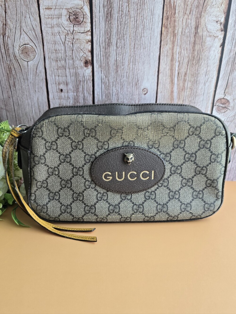 🐅Gucci Tiger Head Monogram Beige Brown Bag Pouch
